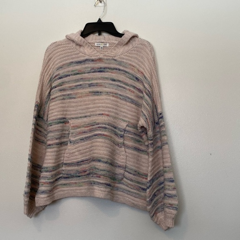 Woven Heart multi color stripe chunky knit cotton blend hooded picket sweater